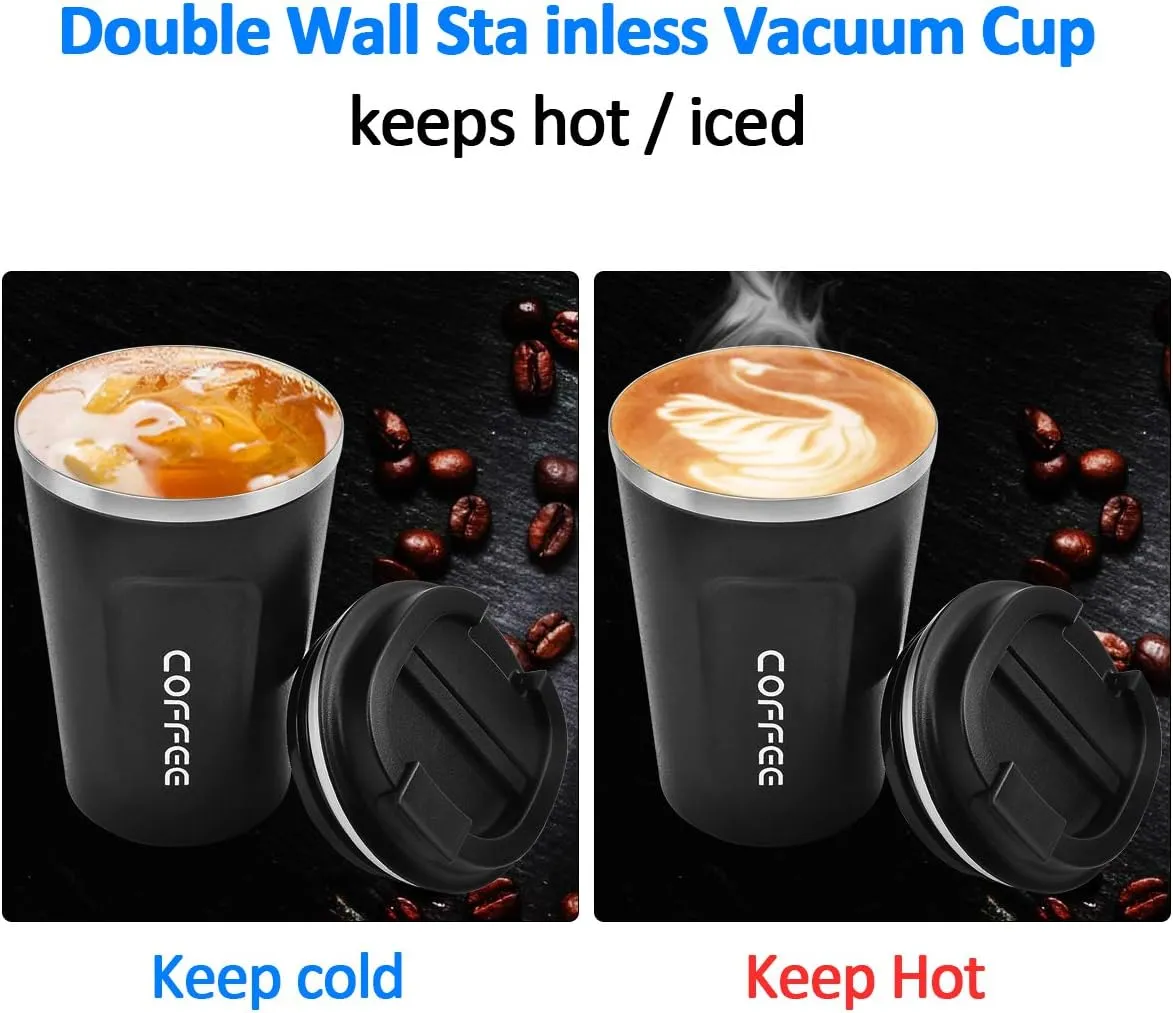12 oz Stainless Steel Vacuum Insulated Tumbler - Coffee Travel Mug Spill Proof with Lid - Thermos Cup for Keep Hot/Ice Coffee,Tea and Beer (Black)