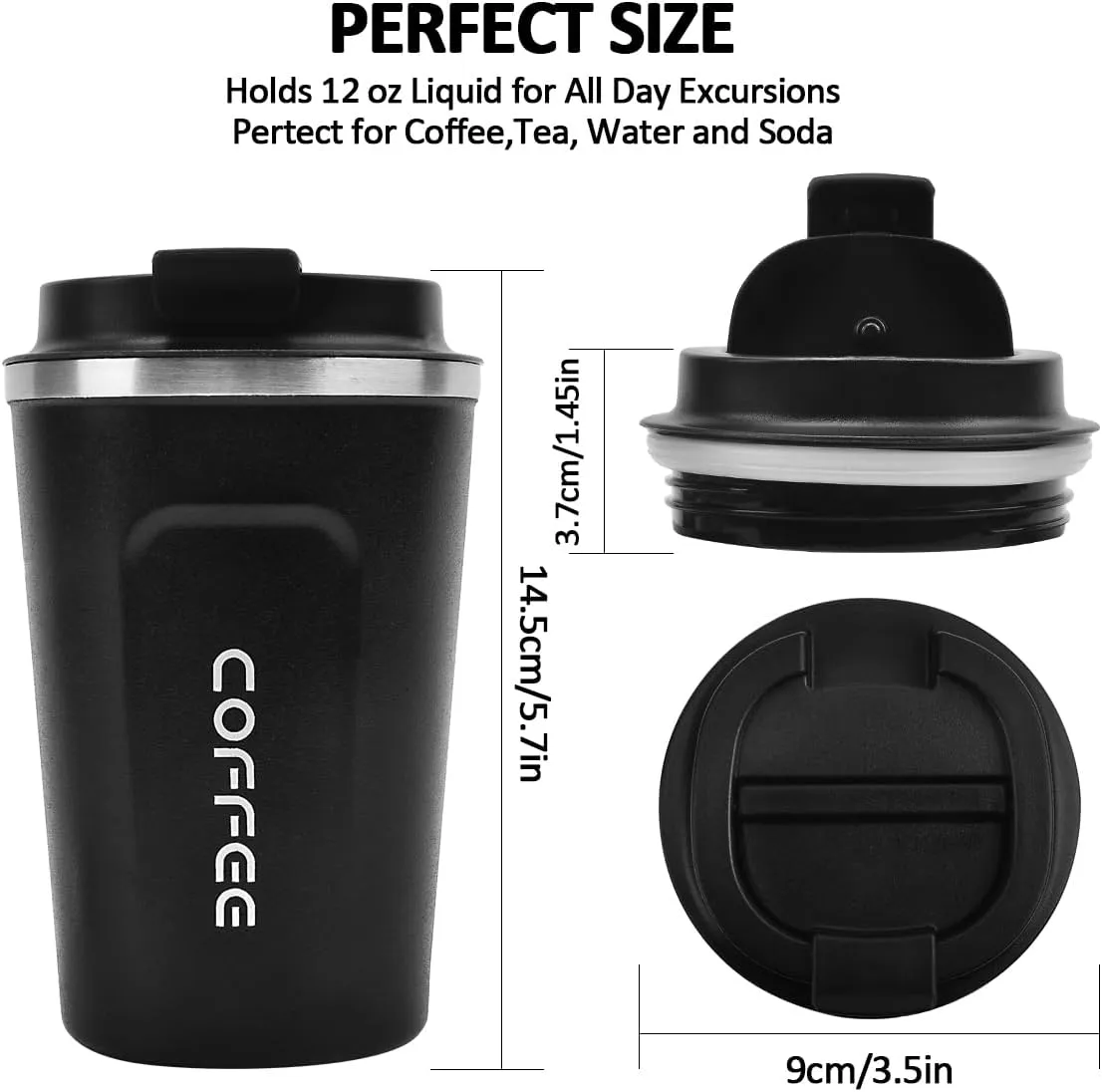 12 oz Stainless Steel Vacuum Insulated Tumbler - Coffee Travel Mug Spill Proof with Lid - Thermos Cup for Keep Hot/Ice Coffee,Tea and Beer (Black)