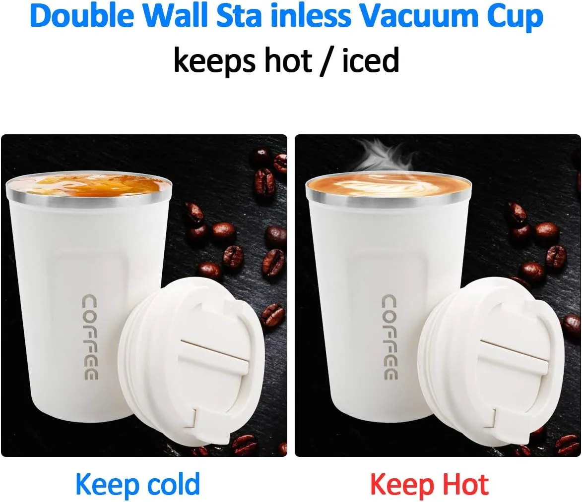 12 oz Stainless Steel Vacuum Insulated Tumbler - Coffee Travel Mug Spill Proof with Lid - Thermos Cup for Keep Hot/Ice Coffee,Tea and Beer (White)