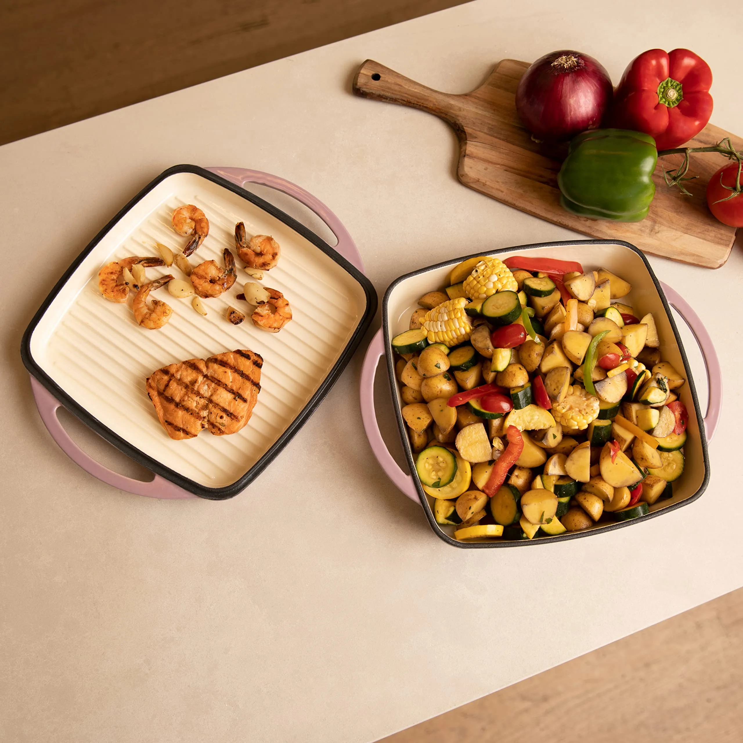 2 In 1 Enameled Square Cast Iron Baking Pan Cookware Dish With Grill Lid, 11-inch Multi