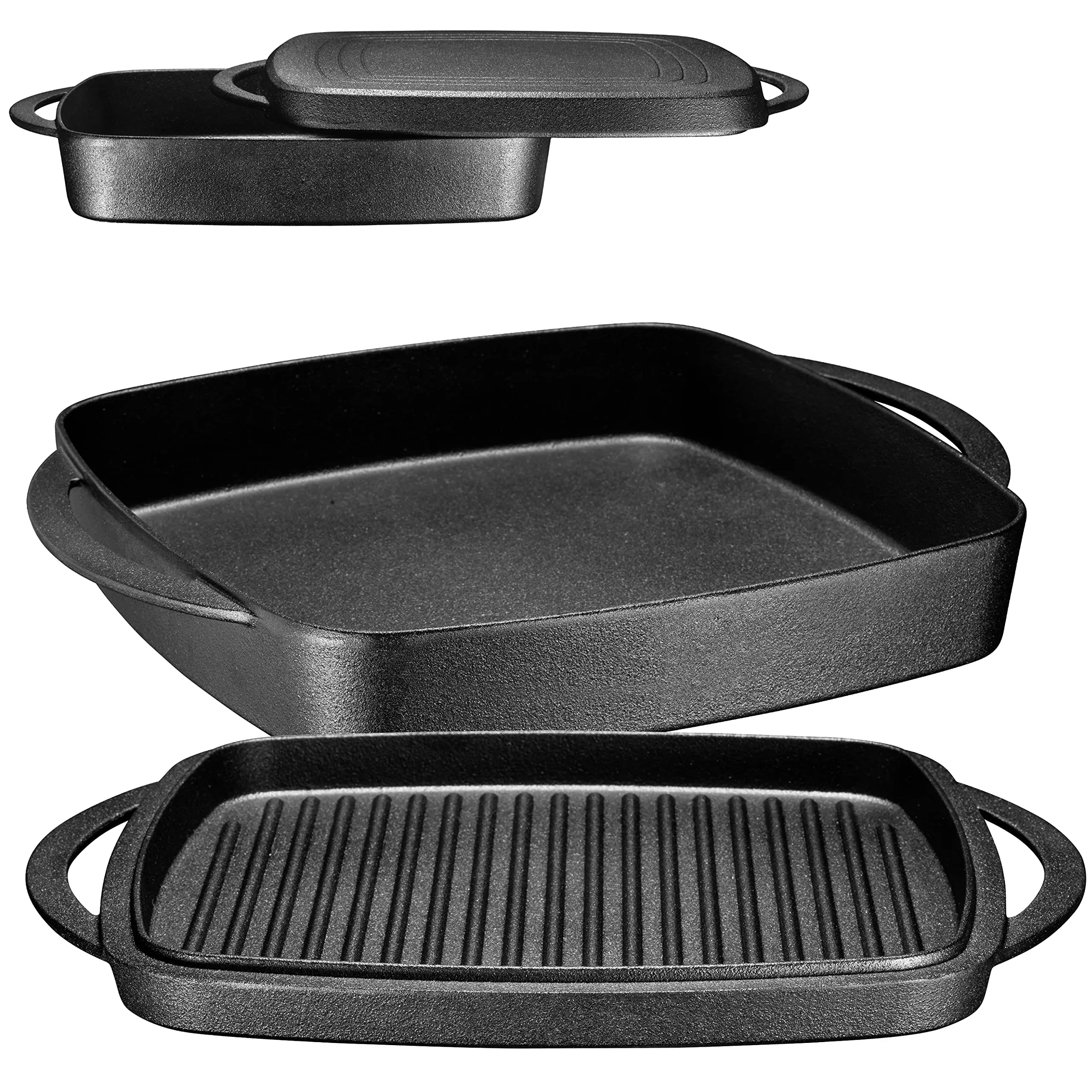 2 In 1 Enameled Square Cast Iron Baking Pan Cookware Dish With Grill Lid, 11-inch Multi