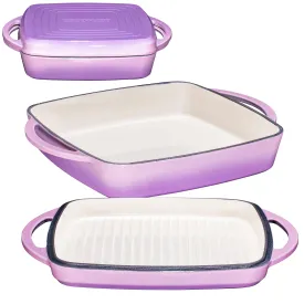 2 In 1 Enameled Square Cast Iron Baking Pan Cookware Dish With Grill Lid, 11-inch Multi