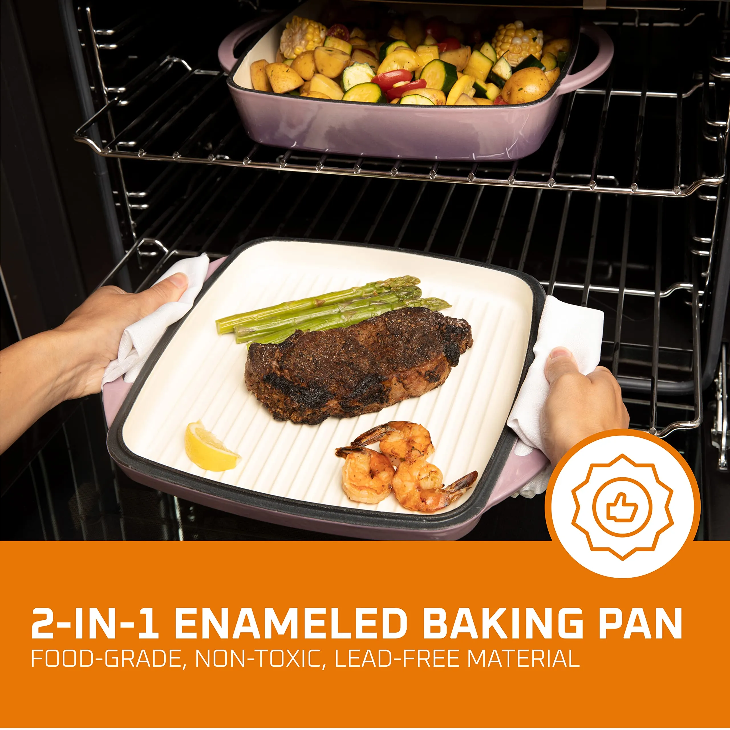 2 In 1 Enameled Square Cast Iron Baking Pan Cookware Dish With Grill Lid, 11-inch Multi
