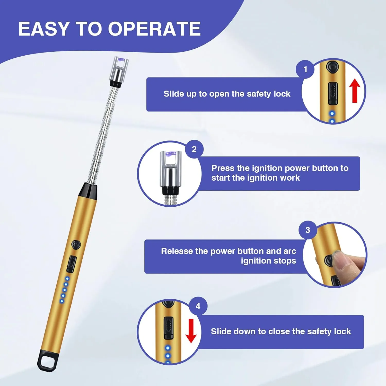 2 PCS Candle Lighter, Lighters for Candle Arc Windproof Flameless with 360 Flexible Neck & LED Power Display, Electric Lighter for BBQ, Grill, Camping, Fireplace, Stove(Gold)