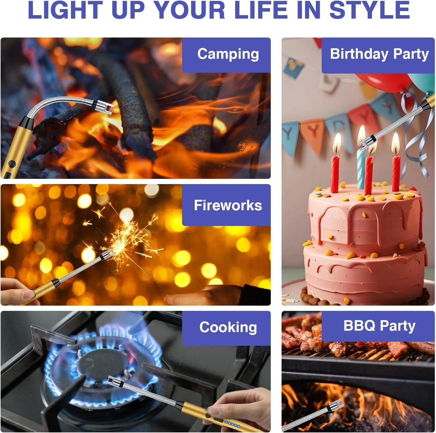 2 PCS Candle Lighter, Lighters for Candle Arc Windproof Flameless with 360 Flexible Neck & LED Power Display, Electric Lighter for BBQ, Grill, Camping, Fireplace, Stove(Gold)
