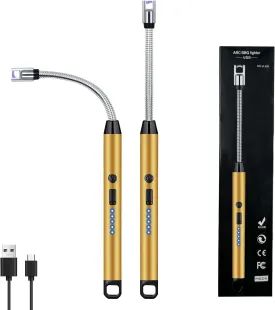 2 PCS Candle Lighter, Lighters for Candle Arc Windproof Flameless with 360 Flexible Neck & LED Power Display, Electric Lighter for BBQ, Grill, Camping, Fireplace, Stove(Gold)