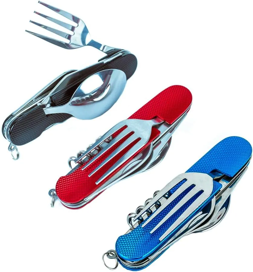 6-in-1 Multi-Function Camping Utensil Flatware Set Detachable Spoon Fork Knife Combo Mess Kit with Carrying Pouch(Black   Blue   Red)