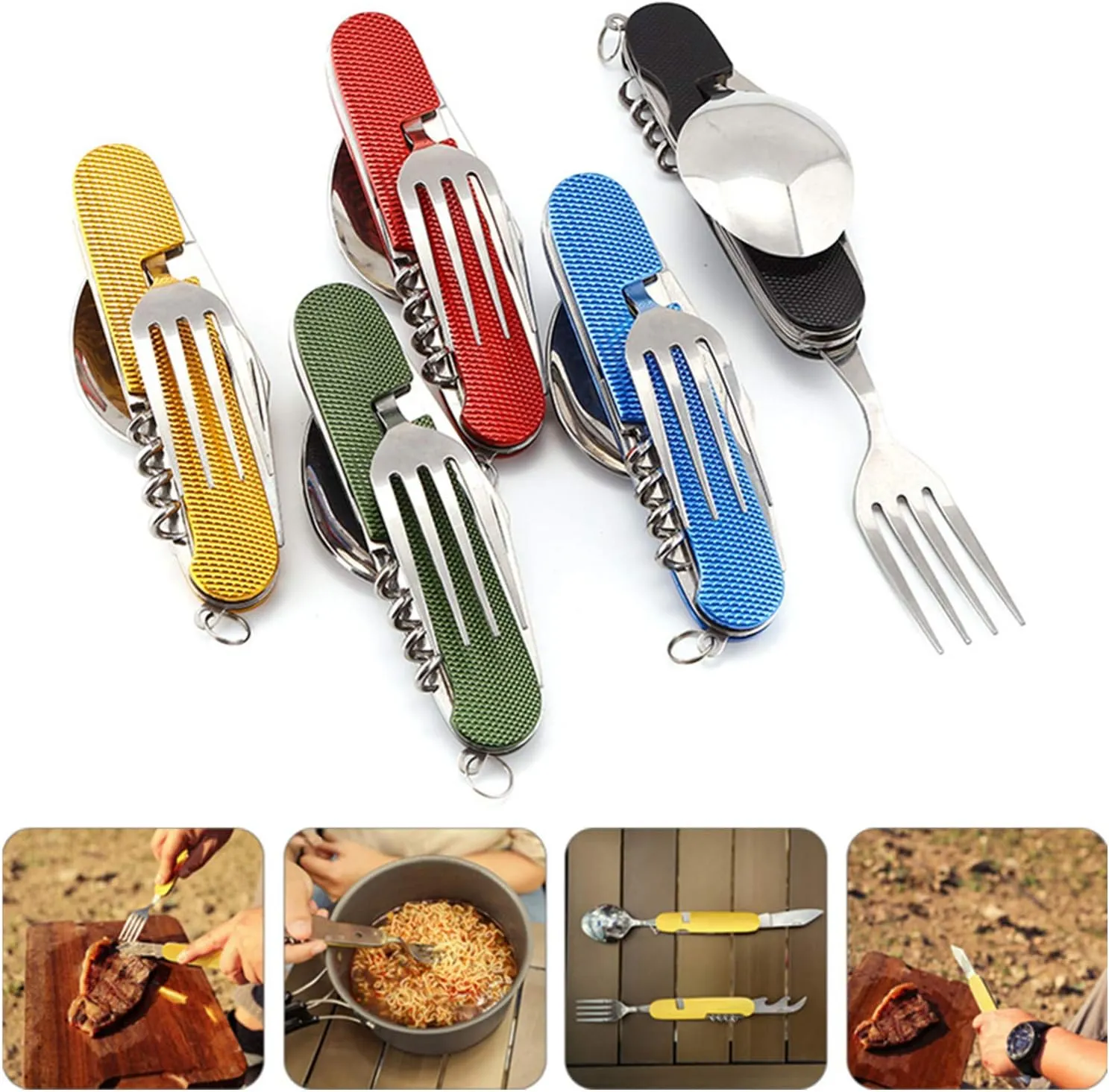 6-in-1 Multi-Function Camping Utensil Flatware Set Detachable Spoon Fork Knife Combo Mess Kit with Carrying Pouch(Black   Blue   Red)