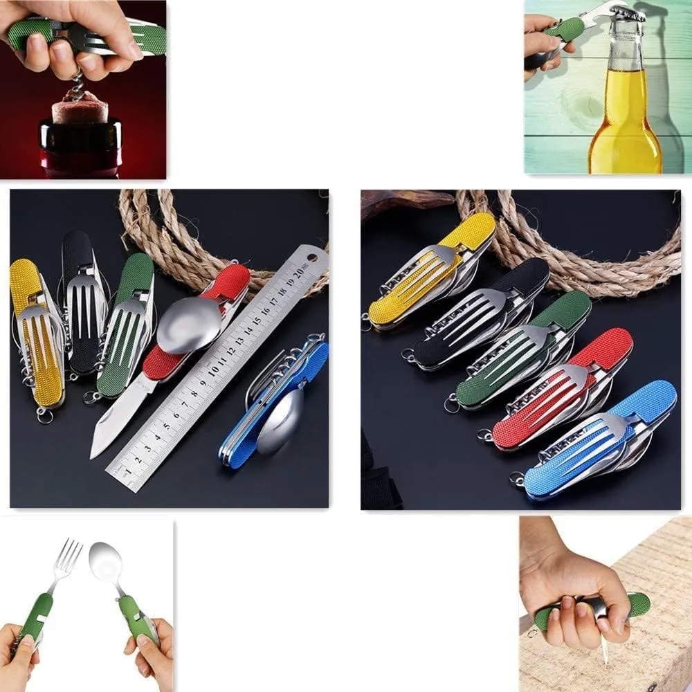 6-in-1 Multi-Function Camping Utensil Flatware Set Detachable Spoon Fork Knife Combo Mess Kit with Carrying Pouch(Black   Blue   Red)