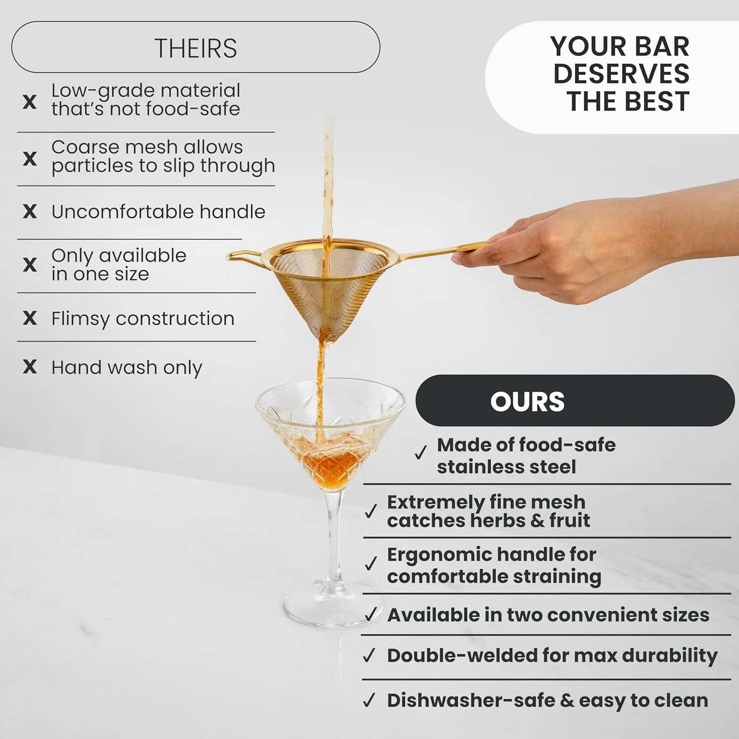 A Bar Above Antique Copper Conical Mesh Strainer, Fine Cocktail Sieve for Bartenders and Chefs, 304 Stainless Steel Double-Strainer for Tea, Coffee, Broths, and Stylish Home Bar Presentation
