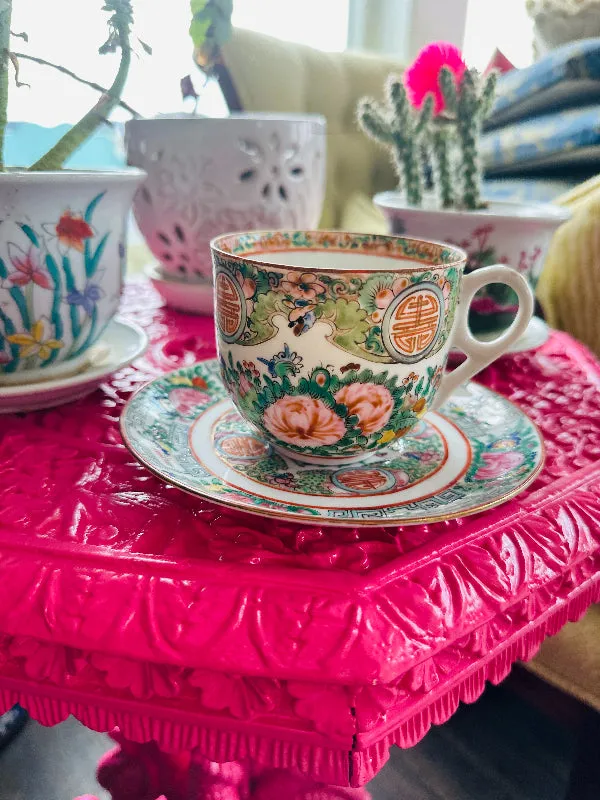 Antique Tea Cup and Saucer, Rose Medallion China, Fine Porcelain