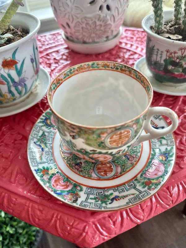 Antique Tea Cup and Saucer, Rose Medallion China, Fine Porcelain