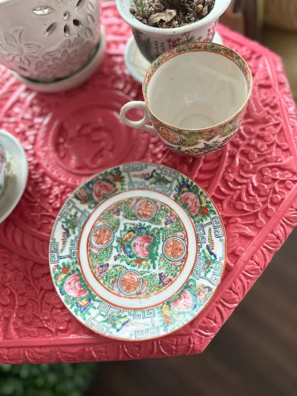 Antique Tea Cup and Saucer, Rose Medallion China, Fine Porcelain