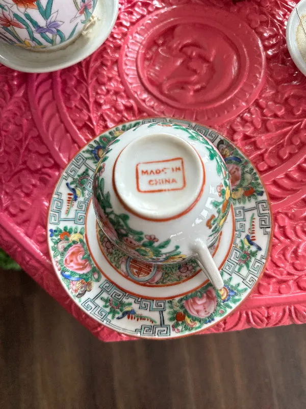Antique Tea Cup and Saucer, Rose Medallion China, Fine Porcelain