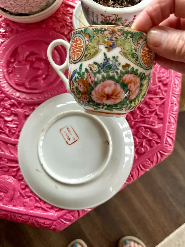 Antique Tea Cup and Saucer, Rose Medallion China, Fine Porcelain