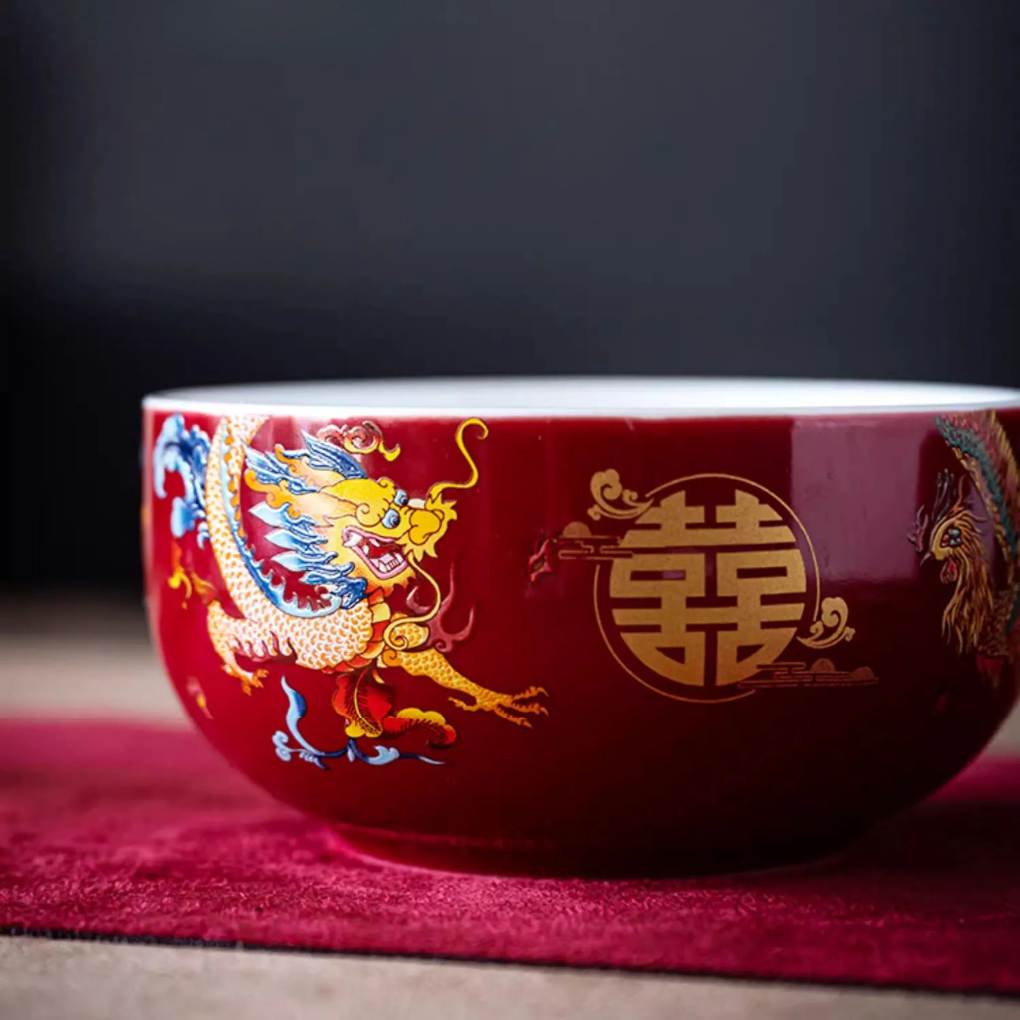 Auspicious Dragon Phoenix Red Glossy Tea Set 囍