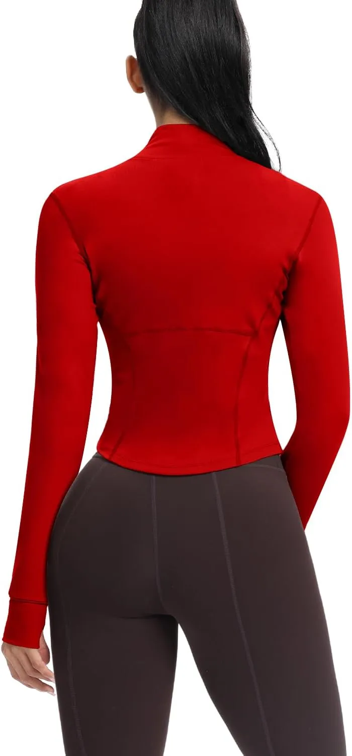 AVGO Women's Cropped Running Workout Jackets Zip Slim Fit Athletic Tops with Thumb Holes