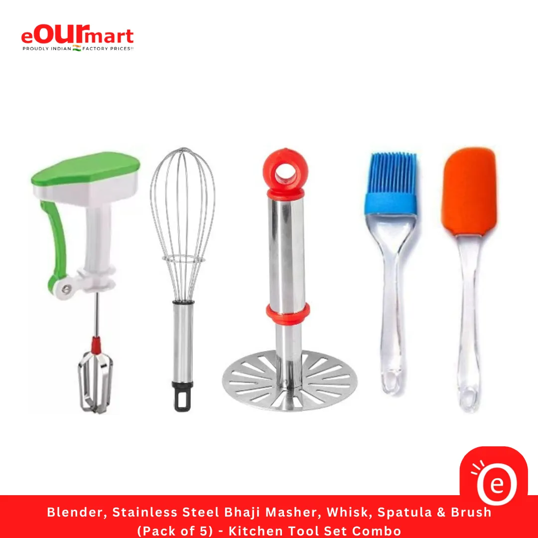 Blender, Stainless Steel Bhaji Masher, Whisk, Spatula & Brush (Pack of 5) - Kitchen Tool Set Combo