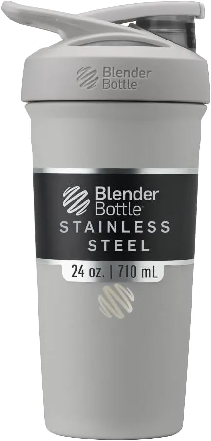 BlenderBottle Strada Shaker Cup Insulated Stainless Steel Water Bottle with Wire Whisk, 24-Ounce, Grey