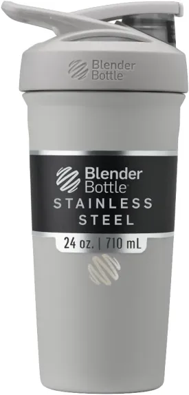 BlenderBottle Strada Shaker Cup Insulated Stainless Steel Water Bottle with Wire Whisk, 24-Ounce, Grey