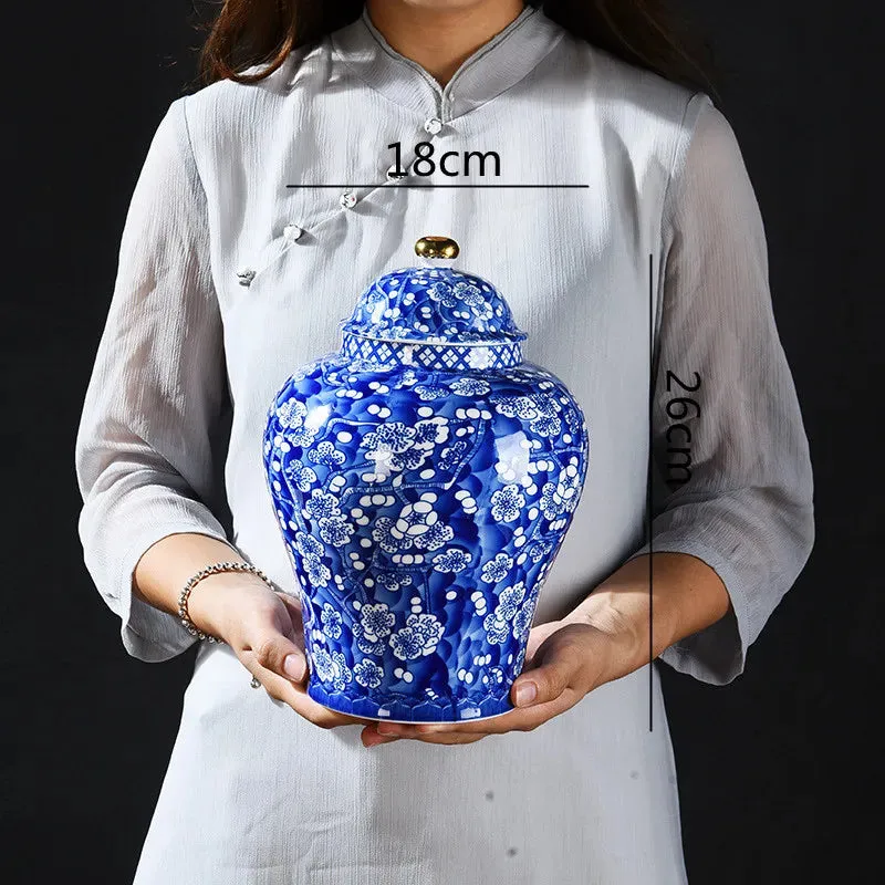 Blue and White Porcelain General Jar Ceramic Tea Pot Sealed Storage Tank Plum Ginger Jar Handicraft Ornaments Home Decoration