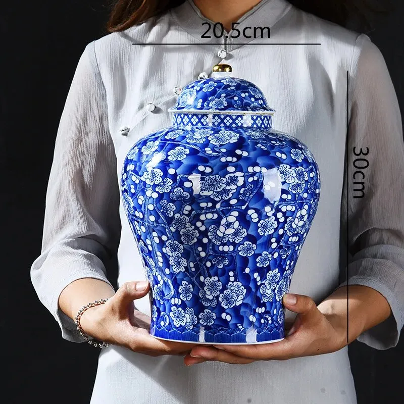 Blue and White Porcelain General Jar Ceramic Tea Pot Sealed Storage Tank Plum Ginger Jar Handicraft Ornaments Home Decoration