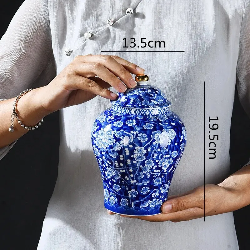 Blue and White Porcelain General Jar Ceramic Tea Pot Sealed Storage Tank Plum Ginger Jar Handicraft Ornaments Home Decoration