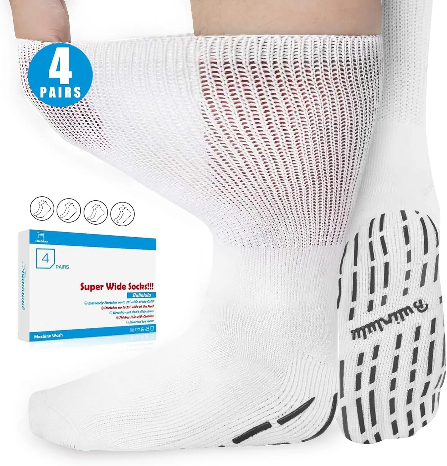 Bulinlulu Extra Width Diabetic Socks Men Women-4 Pairs Wide Edema Sock for Swollen Feet,Non Slip Cast Bariatric Socks 13-15