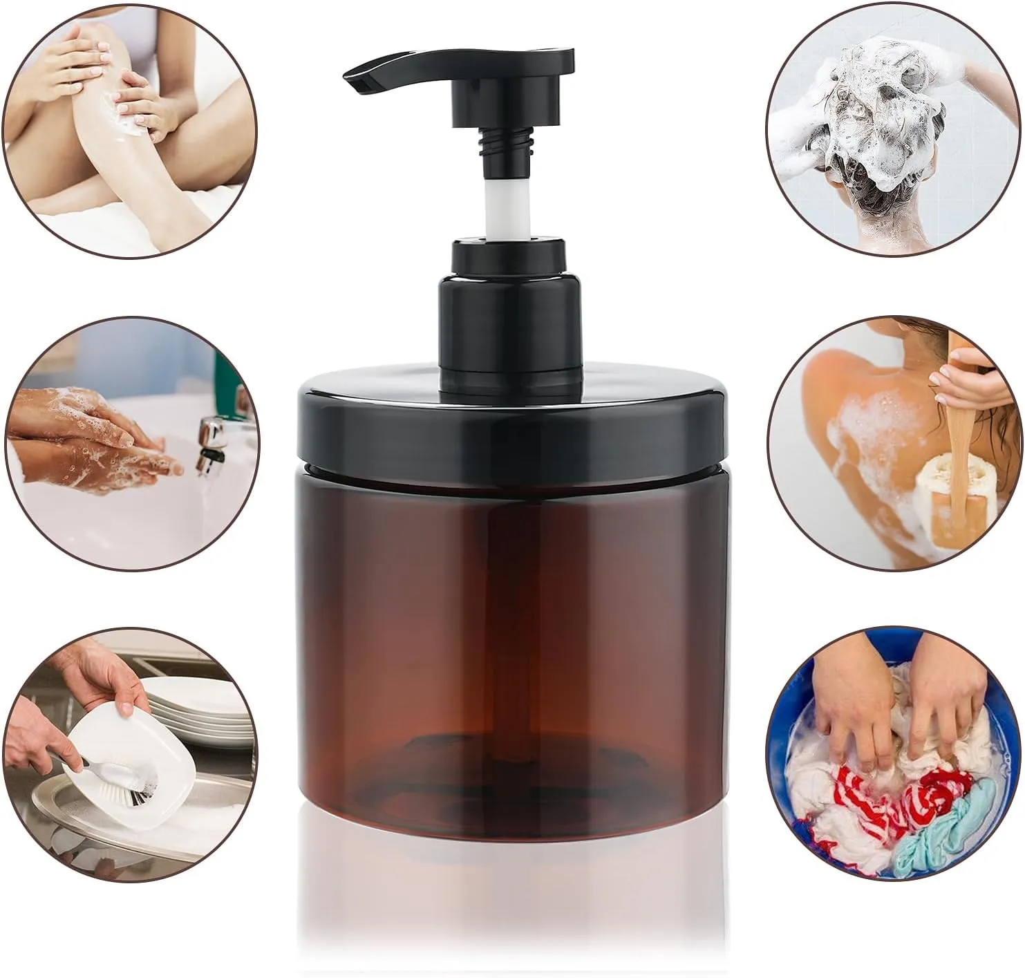 Cosywell Pump Bottle Dispenser Shampoo and Conditioner Dispenser 2 Pack 16.9oz/500ml Wide Mouth Hand Soap Dispenser Refillable Plastic Empty Liquid Container for Lotion Body Wash(Brown)