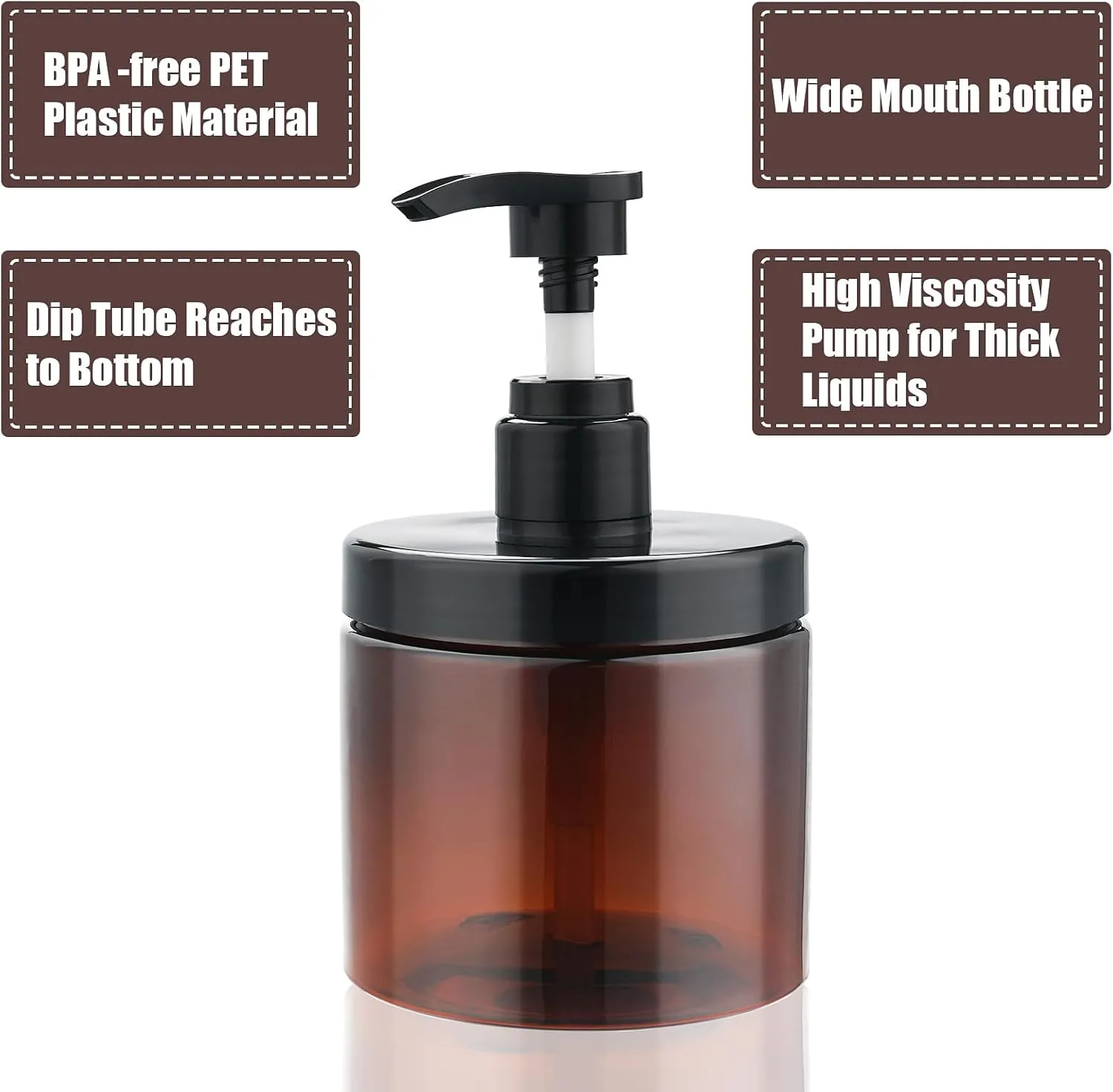 Cosywell Pump Bottle Dispenser Shampoo and Conditioner Dispenser 2 Pack 16.9oz/500ml Wide Mouth Hand Soap Dispenser Refillable Plastic Empty Liquid Container for Lotion Body Wash(Brown)