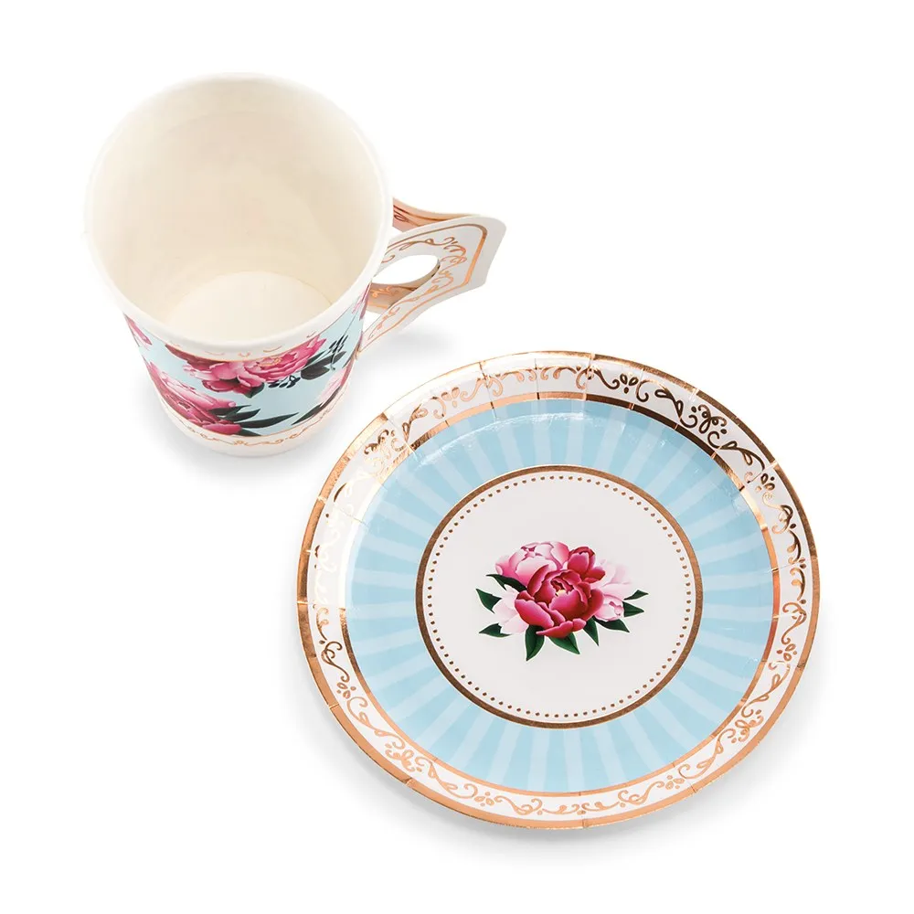 Disposable Floral Paper Tea Party Cups with Plates - Set of 8