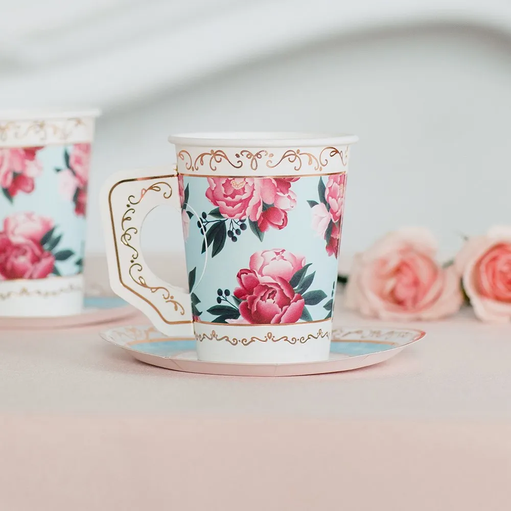Disposable Floral Paper Tea Party Cups with Plates - Set of 8
