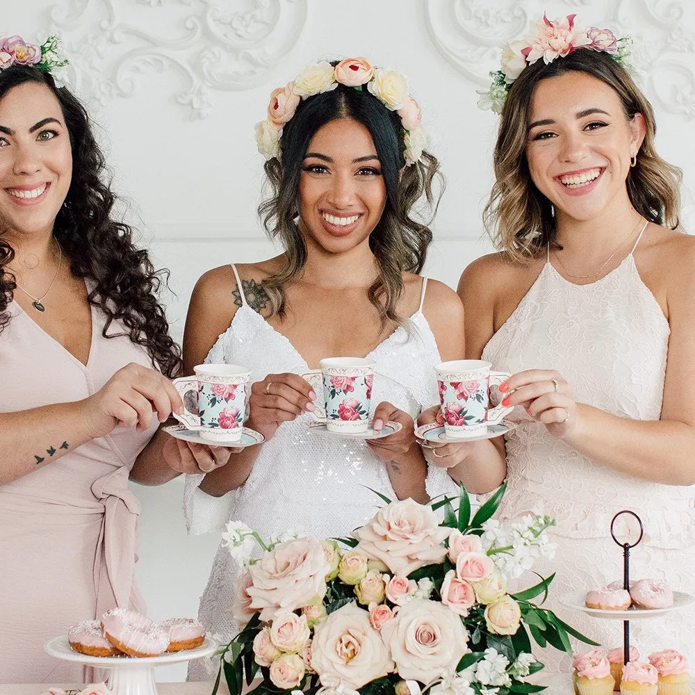 Disposable Floral Paper Tea Party Cups with Plates - Set of 8