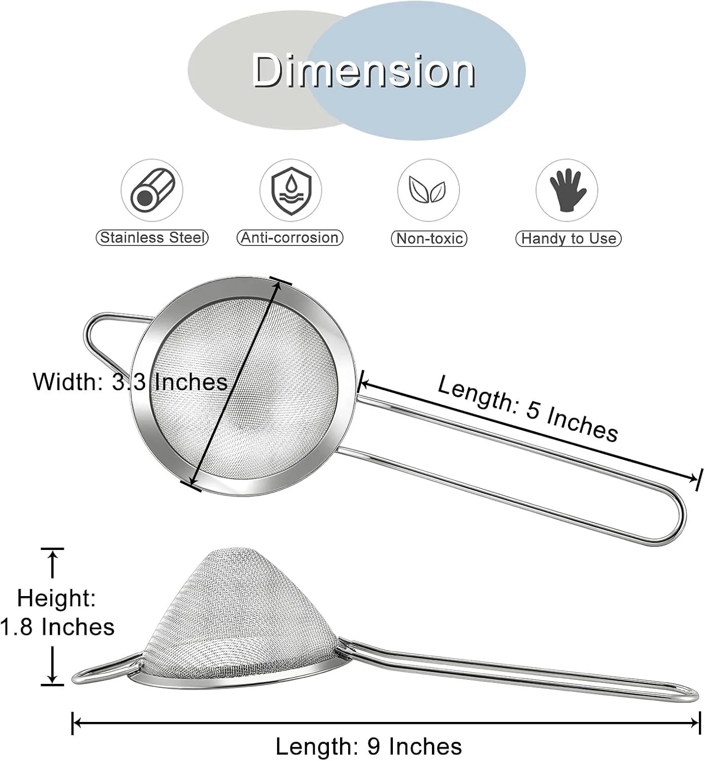 E-far Fine Mesh Strainer Set of 2, 3.3 Inches Stainless Steel Tea Strainer with Long Handle, Small Conical Mesh Strainers Sieve for Cocktail Coffee Food, Rust Proof & Easy to Clean (Silver)
