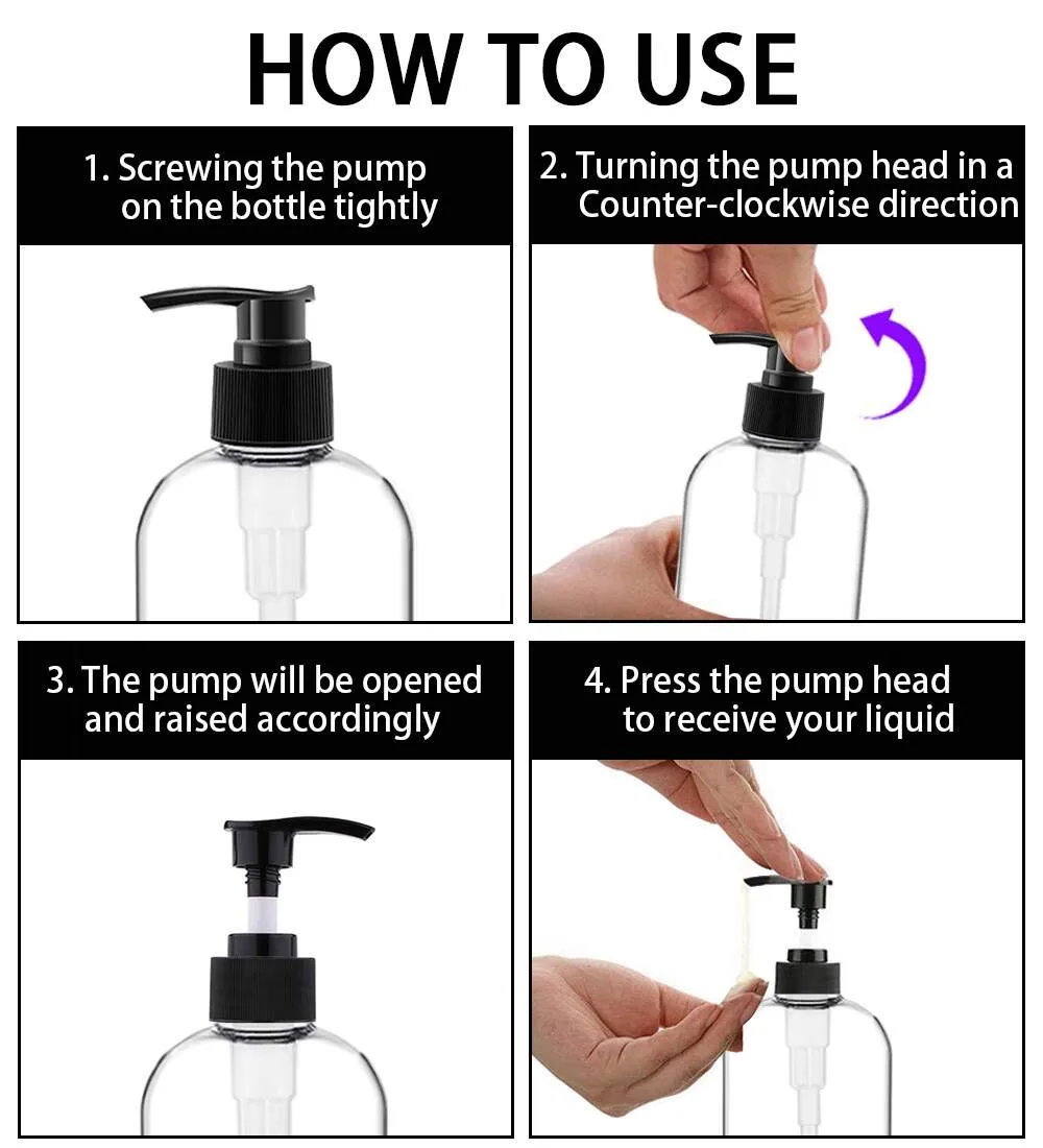 Empty Plastic Pump Bottles Dispenser 4 Pack 16oz/500ml Portable Clear BPA-Free Cylinder Shampoo Lotion Hand Pump Bottle Durable Refillable Containers