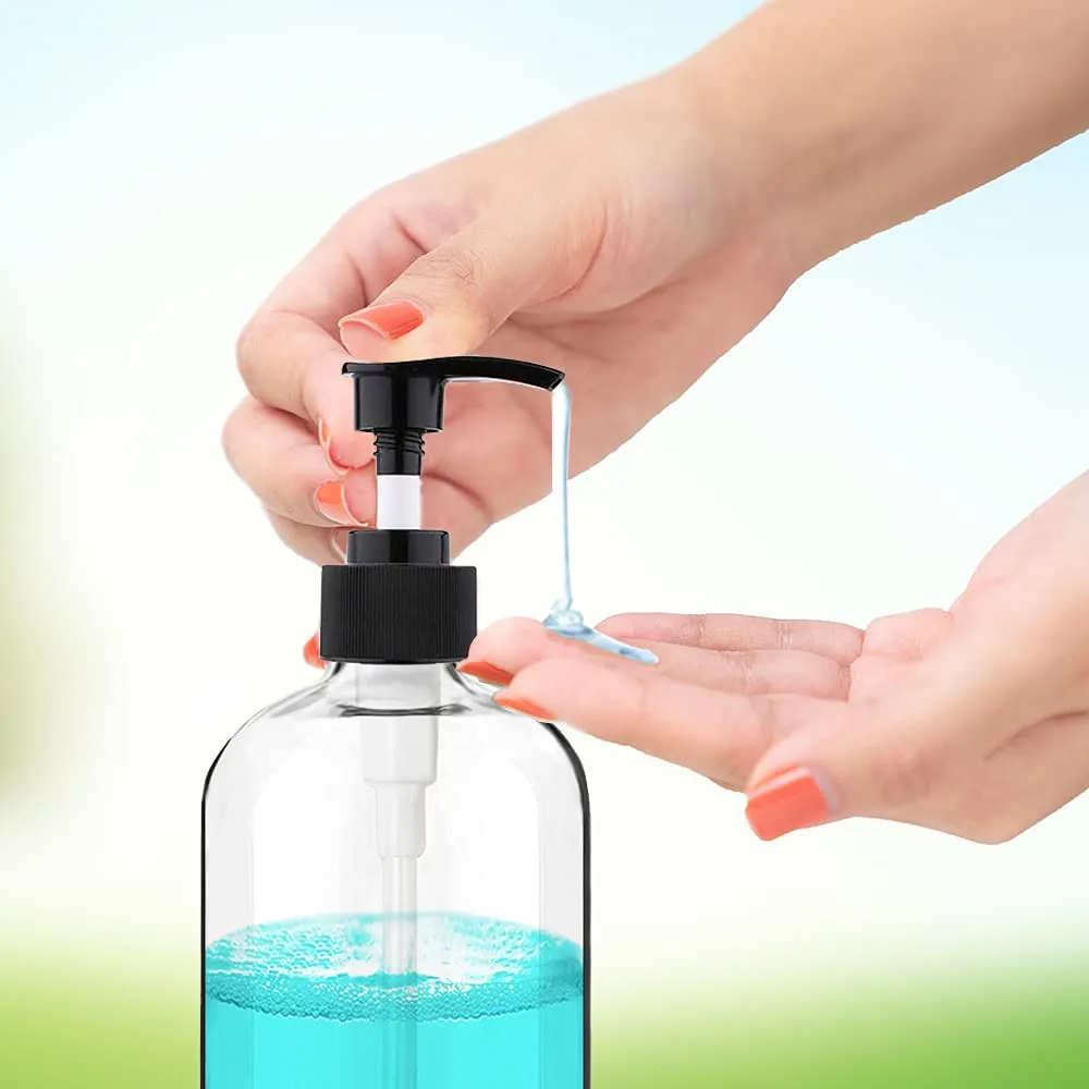 Empty Plastic Pump Bottles Dispenser 4 Pack 16oz/500ml Portable Clear BPA-Free Cylinder Shampoo Lotion Hand Pump Bottle Durable Refillable Containers