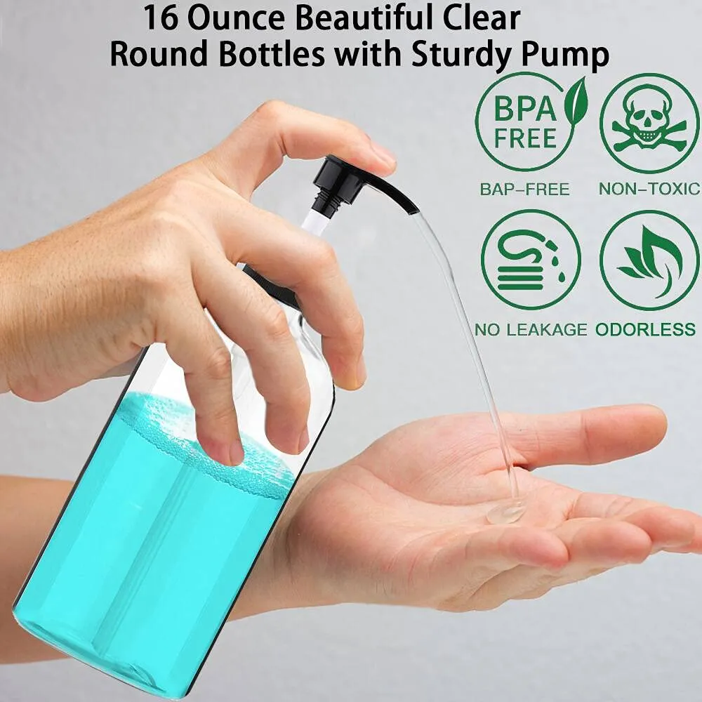 Empty Plastic Pump Bottles Dispenser 4 Pack 16oz/500ml Portable Clear BPA-Free Cylinder Shampoo Lotion Hand Pump Bottle Durable Refillable Containers