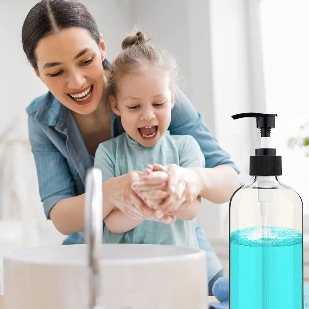 Empty Plastic Pump Bottles Dispenser 4 Pack 16oz/500ml Portable Clear BPA-Free Cylinder Shampoo Lotion Hand Pump Bottle Durable Refillable Containers