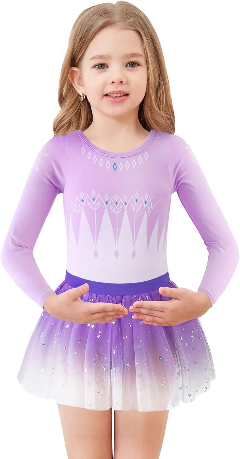 EQSJIU Long Sleeve Leotard for Girls Leotards Dance Ballet Dress Kids Dance Dress with 3 layers Sparkle Tutu