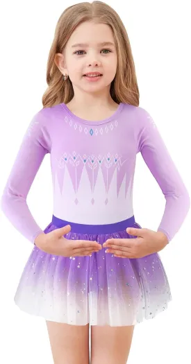 EQSJIU Long Sleeve Leotard for Girls Leotards Dance Ballet Dress Kids Dance Dress with 3 layers Sparkle Tutu