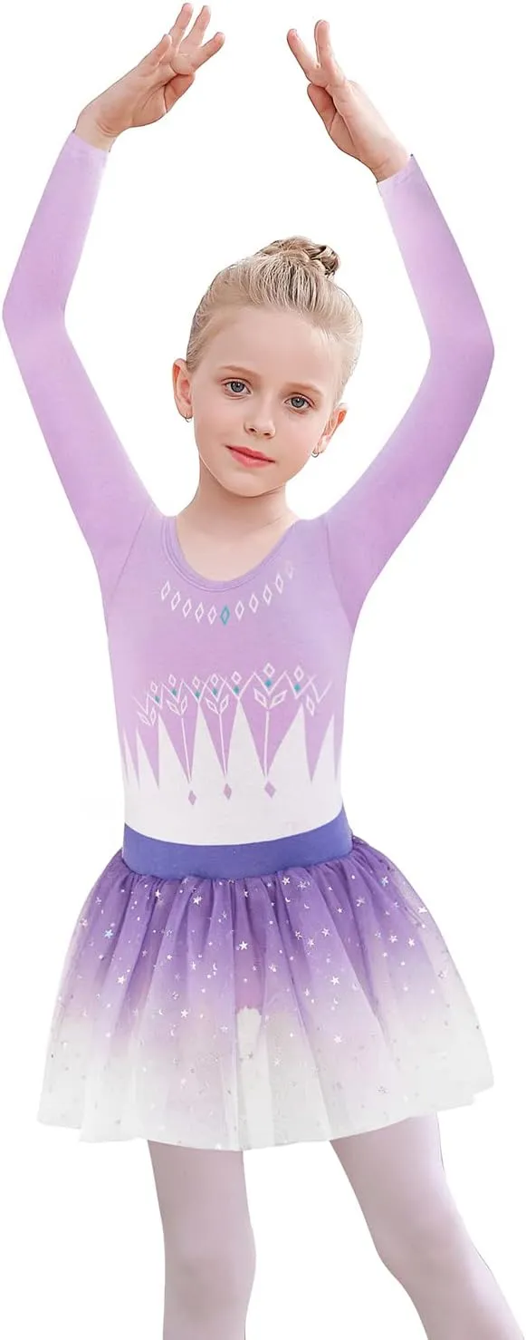 EQSJIU Long Sleeve Leotard for Girls Leotards Dance Ballet Dress Kids Dance Dress with 3 layers Sparkle Tutu