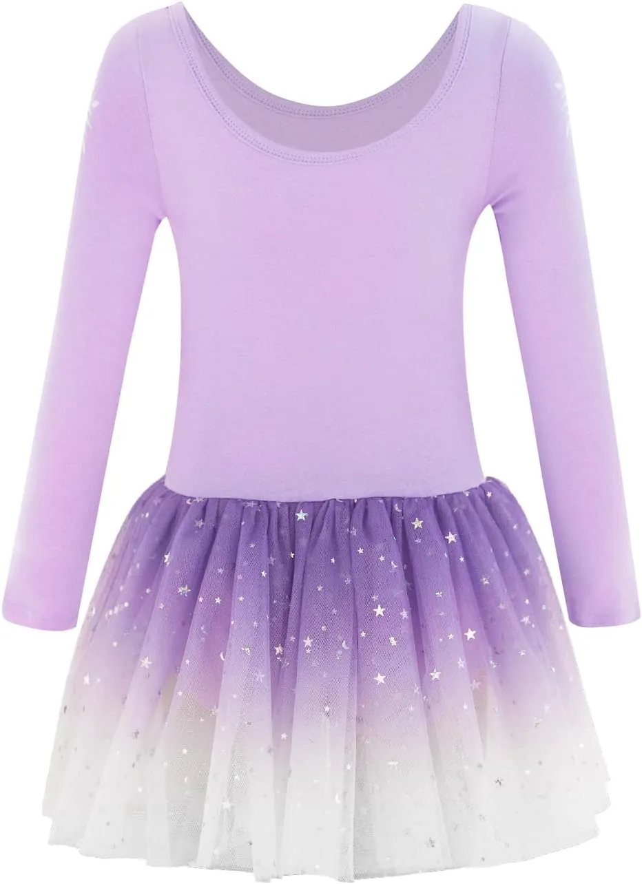 EQSJIU Long Sleeve Leotard for Girls Leotards Dance Ballet Dress Kids Dance Dress with 3 layers Sparkle Tutu