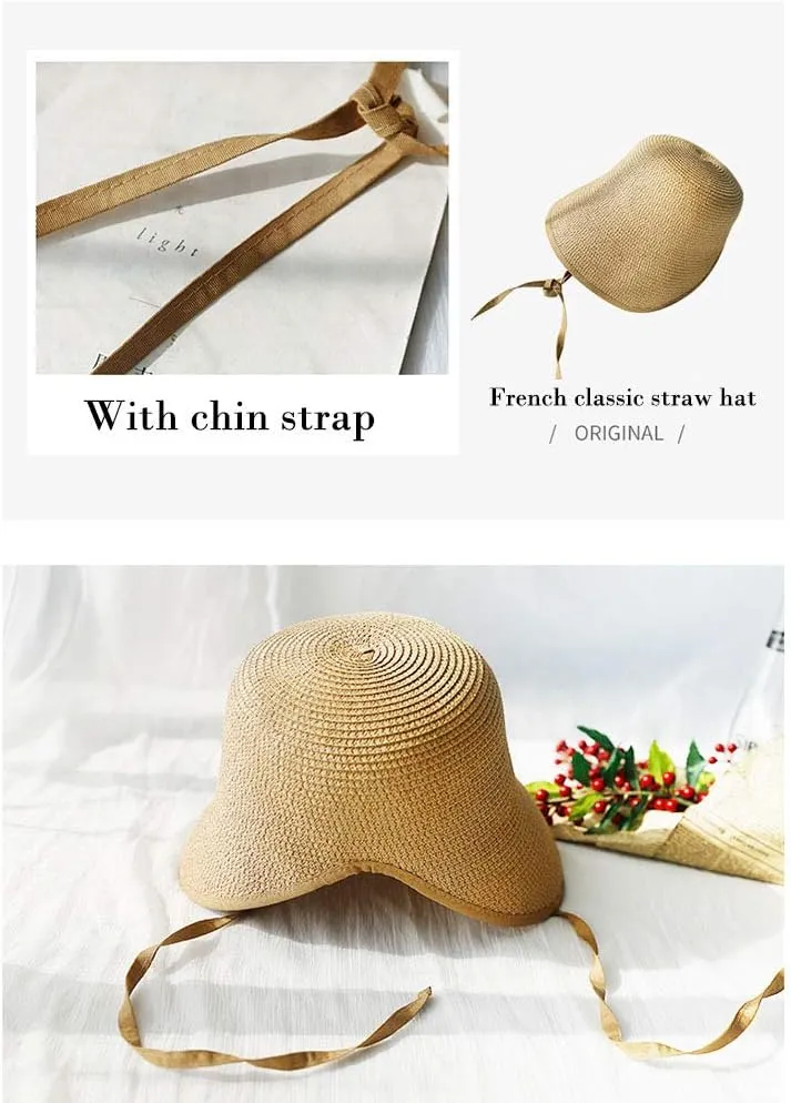 F FADVES French Straw Bonnet Cap for Women Victorian Sun Hat Chin Strap Foldable