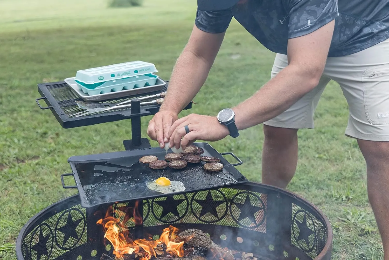 GameMaker Open Fire Camping Grill & Skillet Combo  Portable Outdoor Campfire Cooking Tool, Heavy-Duty BBQ Grill for Camping & Hiking
