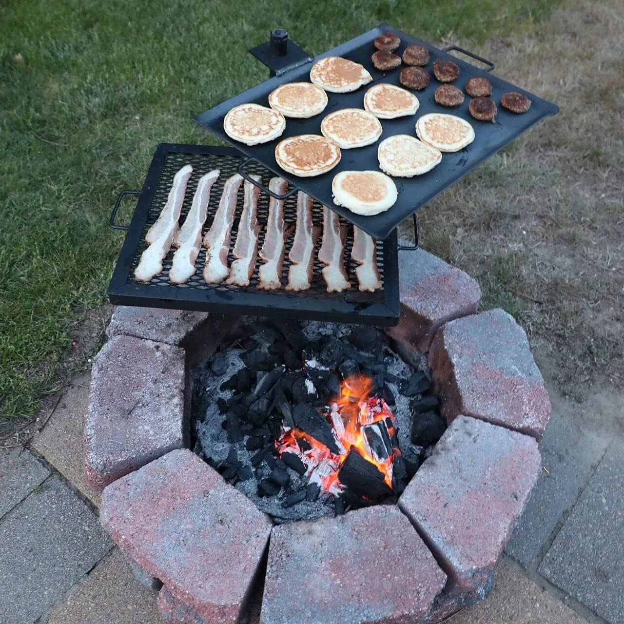 GameMaker Open Fire Camping Grill & Skillet Combo  Portable Outdoor Campfire Cooking Tool, Heavy-Duty BBQ Grill for Camping & Hiking