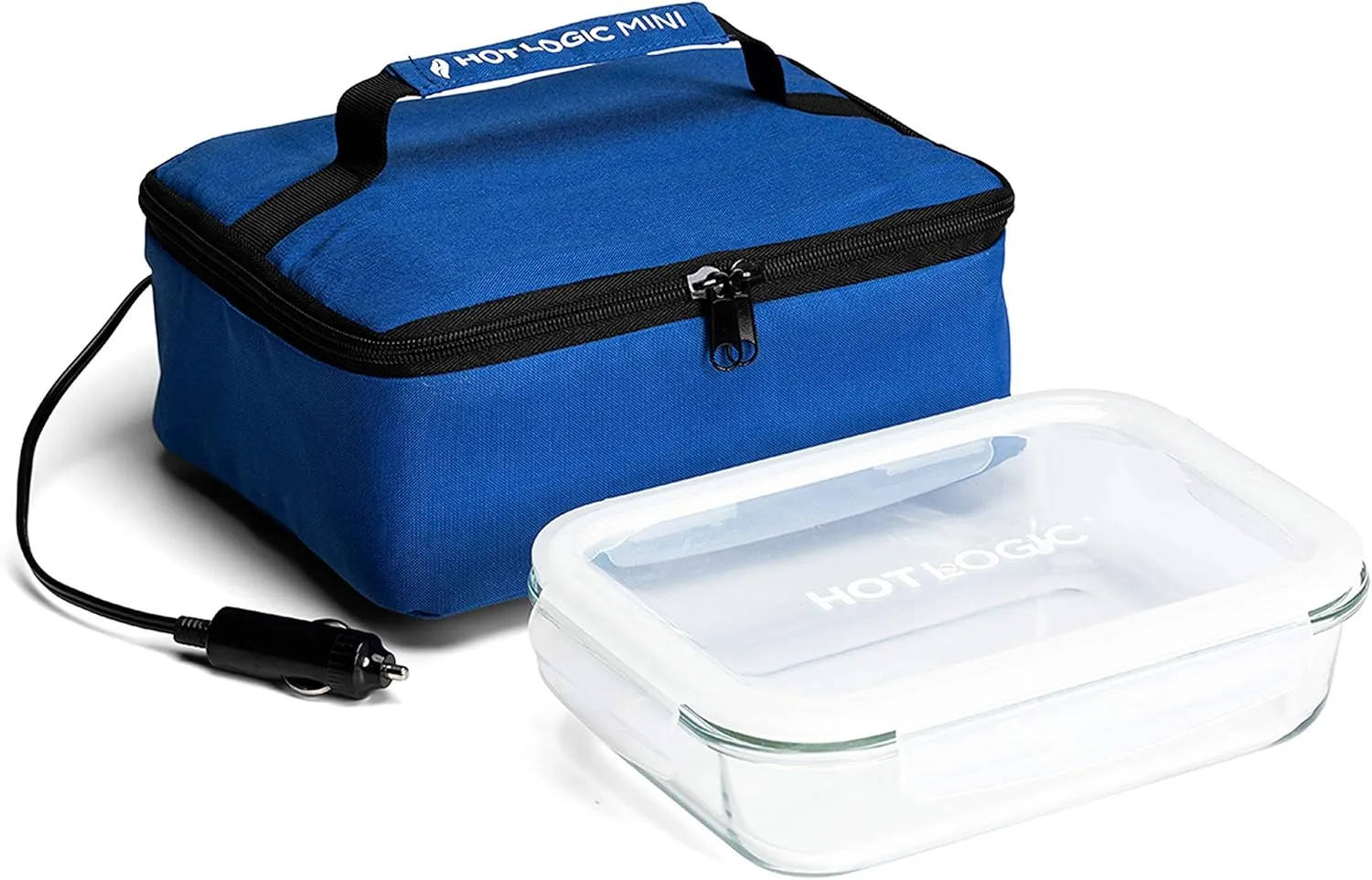 HOTLOGIC Mini Portable Electric Lunch Box Food Heater with Glass Container - Food Warmer and Heated Lunch Box for Adults Car/Home - Cook, Reheat, and Keep Your Food Warm - BLUE - 12V