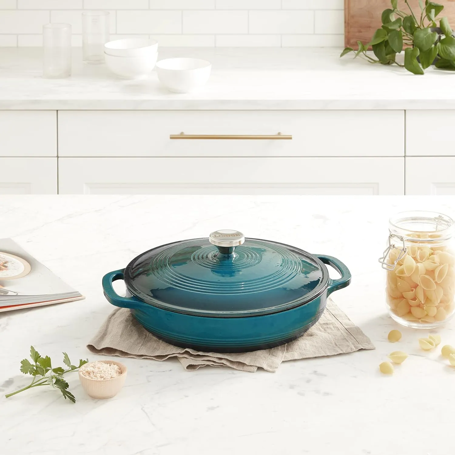 Lodge 3.6 Quart Enameled Cast Iron Covered Casserole with Lid  Dual Handles  Oven Safe up to 500 F or on Stovetop - Use to Marinate, Cook, Bake, Refrigerate and Serve  Lagoon