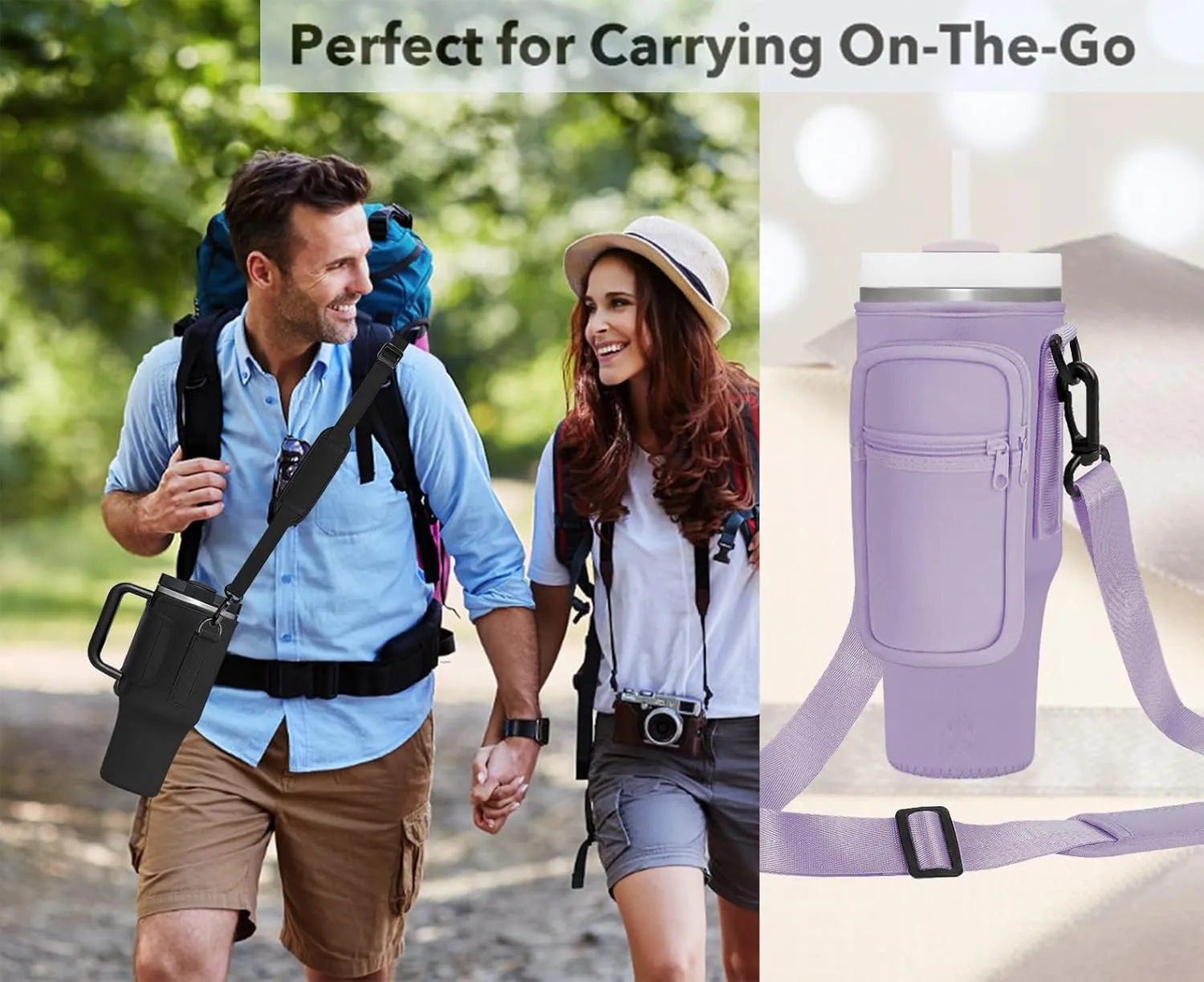 Momocici Cup Holder Carrier Bag with Strap and Pouch for Stanley Quencher 30/40oz Tumbler. Cup Crossbody Holder Bag Compatible with Stanley Cup for Hiking Travelling Camping.