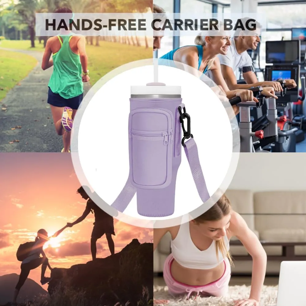 Momocici Cup Holder Carrier Bag with Strap and Pouch for Stanley Quencher 30/40oz Tumbler. Cup Crossbody Holder Bag Compatible with Stanley Cup for Hiking Travelling Camping.