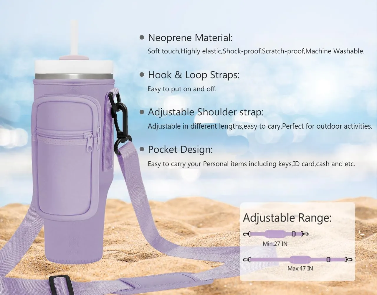 Momocici Cup Holder Carrier Bag with Strap and Pouch for Stanley Quencher 30/40oz Tumbler. Cup Crossbody Holder Bag Compatible with Stanley Cup for Hiking Travelling Camping.